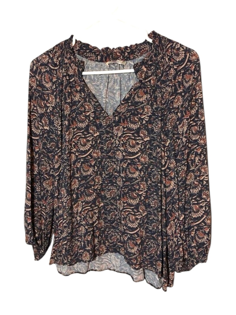 Faherty Portia Blouse Small Boho Floral Print V-Neck Artisan Block Print Top - Picture 3 of 10